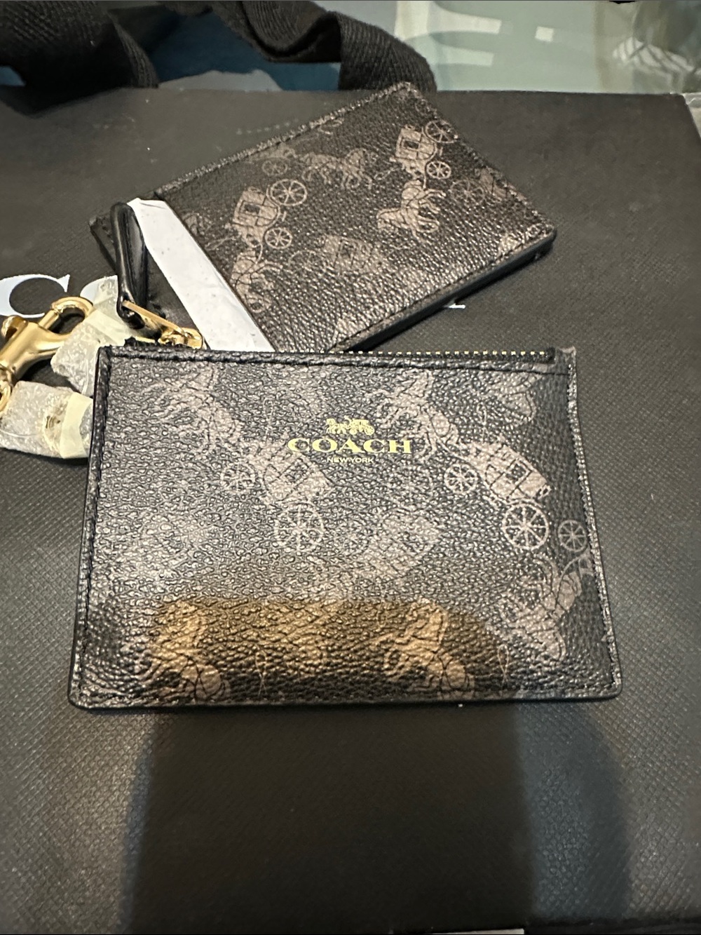 NEW Coach horse and carriage Black Signature Canvas Card Holder with Gold Logo